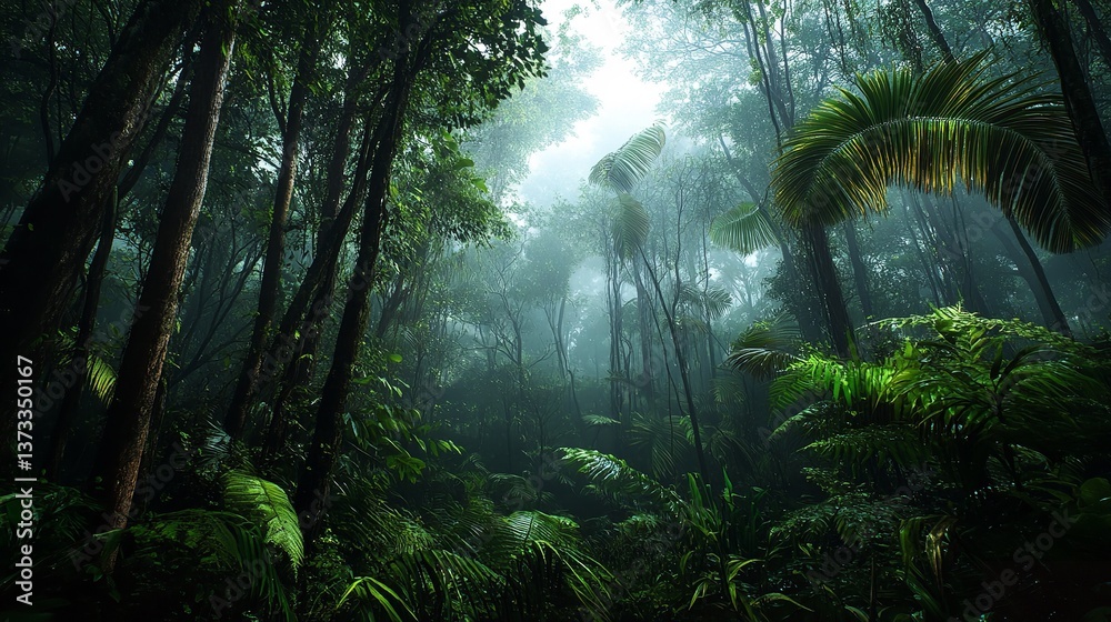 Fototapeta premium Lush Tropical Rainforest Mysterious Foggy Atmosphere Deep Green Foliage Dense Jungle Canopy Tranquil Serene Nature Scene Vibrant Verdant Ecosystem