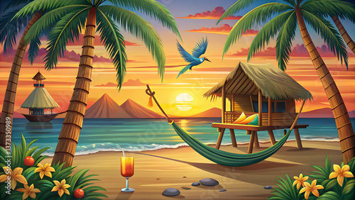 Tropical beach scene with palm trees, hut, hammock, bird, and drink at sunset illustration