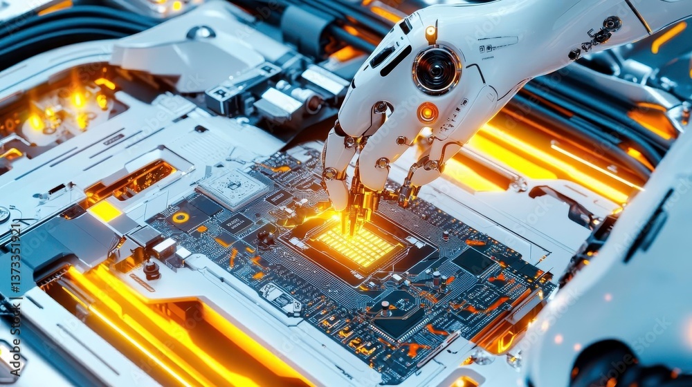 Fototapeta premium AI Robotic Arm Installing Microchip - Artificial Intelligence (AI)