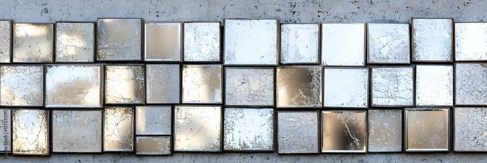 Silver Square Mosaic Tiles on Grey Background Silver Square Mosaic Tiles on Grey Background