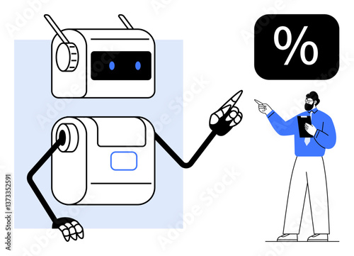 Humanoid robot pointing at percentage while businessman observes with notes. Ideal for AI, automation, data analysis, collaboration, finance, futuristic technology, innovation. Flat simple metaphor
