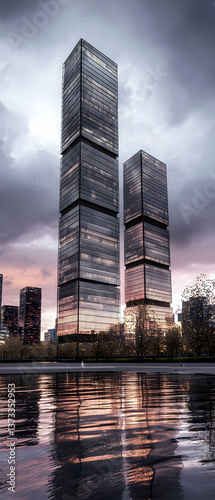 Sleek Glass Skyscrapers Reflecting in Calm Water at Sunset