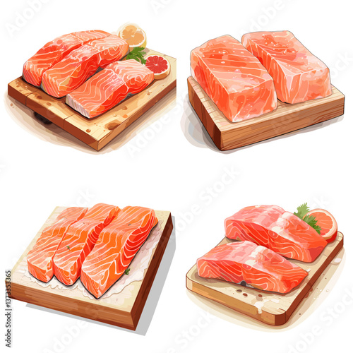 Set of fresh raw salmon fillets on wooden boards, isolated on white background. Perfect for seafood menus, culinary designs, healthy food concepts, and premium ingredient visuals.

