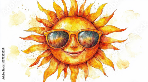 A cheerful watercolor painting depicts a sun with sunglasses, smiling warmly against a white background with subtle watercolor splatters.  The artwork evokes summer and happiness.