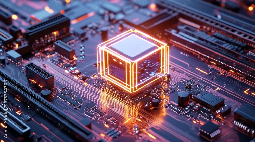 Obraz premium Glowing CPU on Motherboard, Tech Background - Artificial Intelligen.