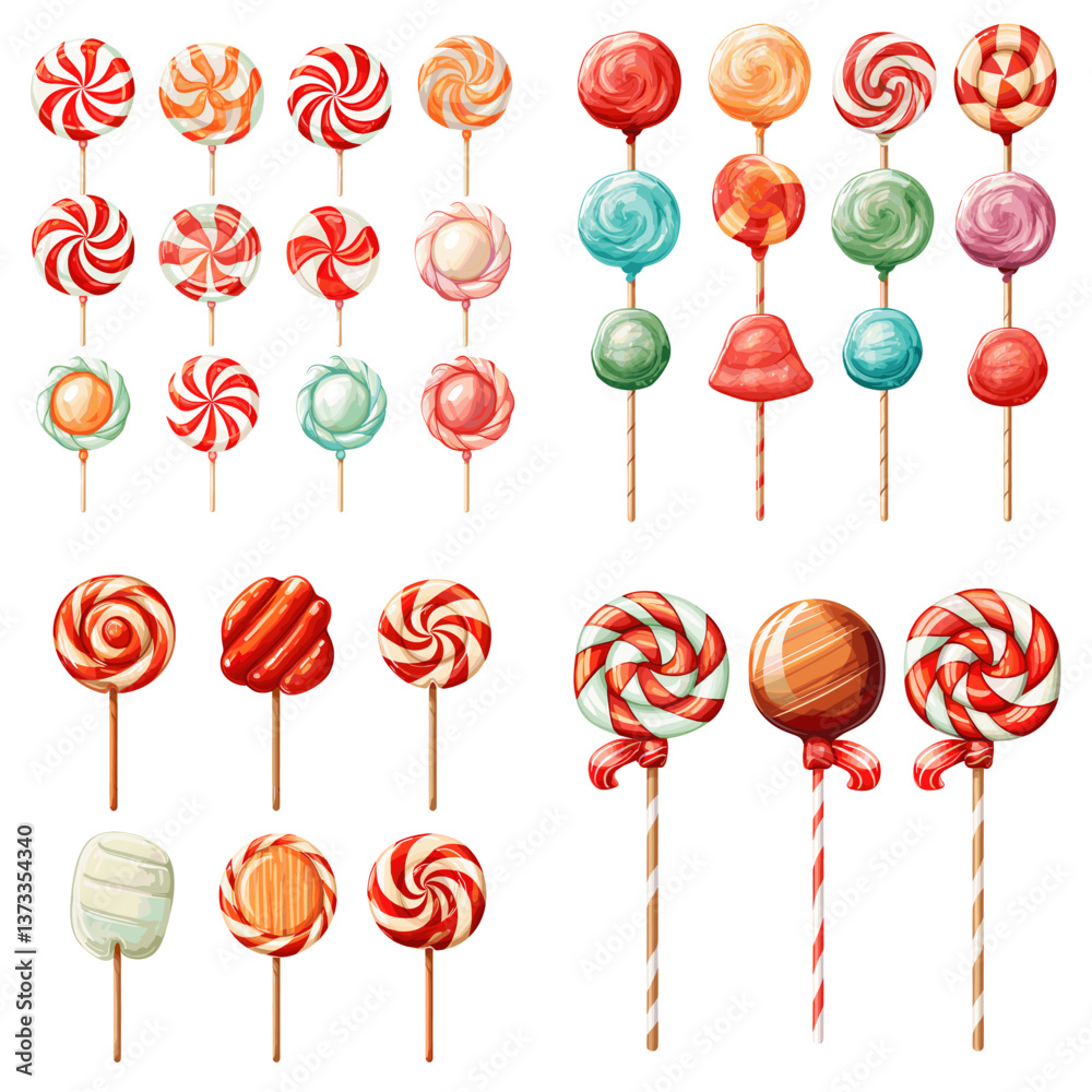 Collection of colorful lollipops in various shapes, patterns, and flavors, isolated on white background. Perfect for candy packaging, kids' designs, sweet-themed art, and illustrations.
Collection of colorful lollipops in various shapes, patterns, and flavors, isolated on white background. Perfect for candy packaging, kids' designs, sweet-themed art, and illustrations.