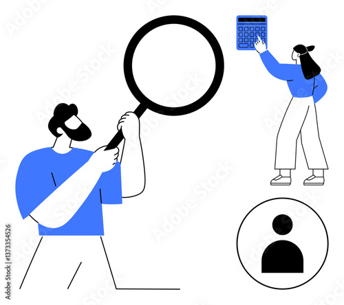 Man holding magnifying glass, woman interacting with calculator, user profile icon. Ideal for data analysis, research, personal management, calculation, user profiling, decision-making flat simple