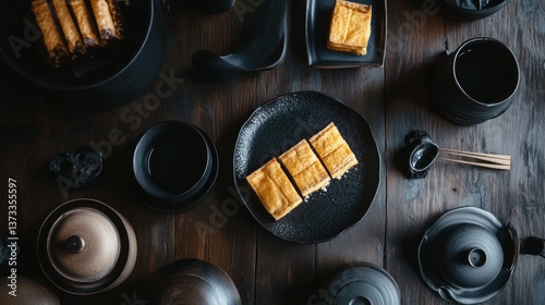 Clean Overhead Shot of Japanese Dessert Setup on Wooden Table