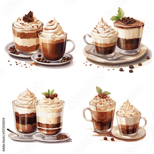 Set of delicious coffee desserts with whipped cream, chocolate, and layered textures in glass cups, isolated on white background. Perfect for café menus, food art, and sweet designs.

