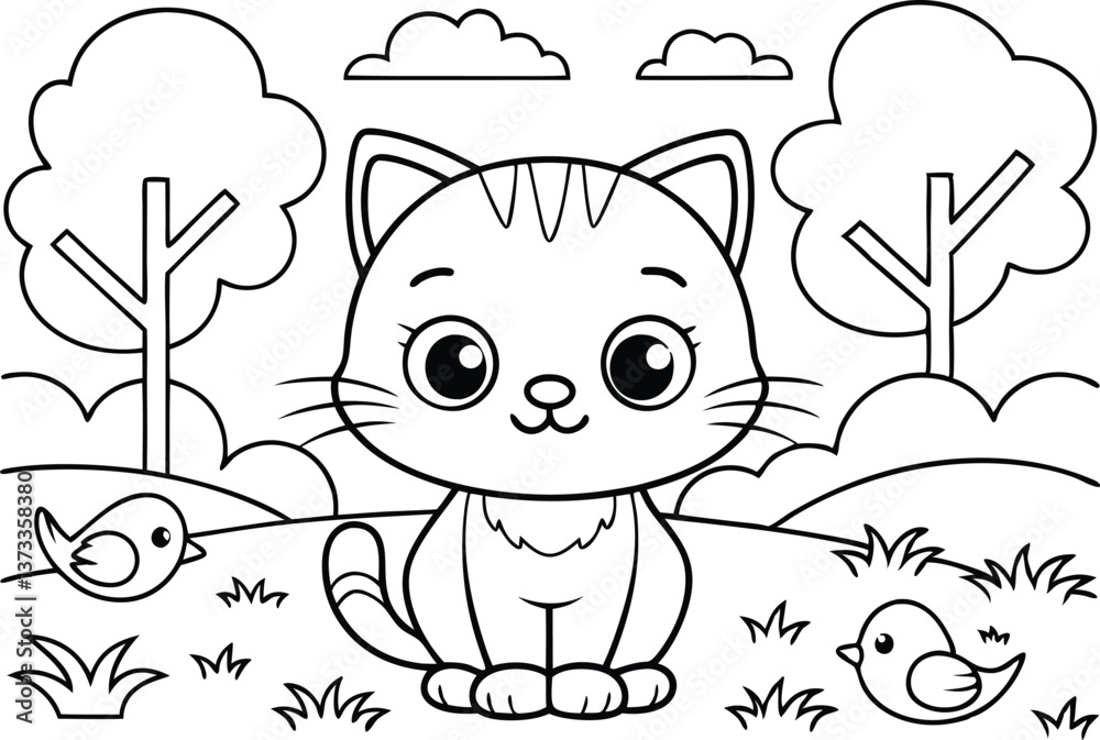 Obraz premium Cartoon Cat Outline with Birds, Trees, and Clouds on White Background