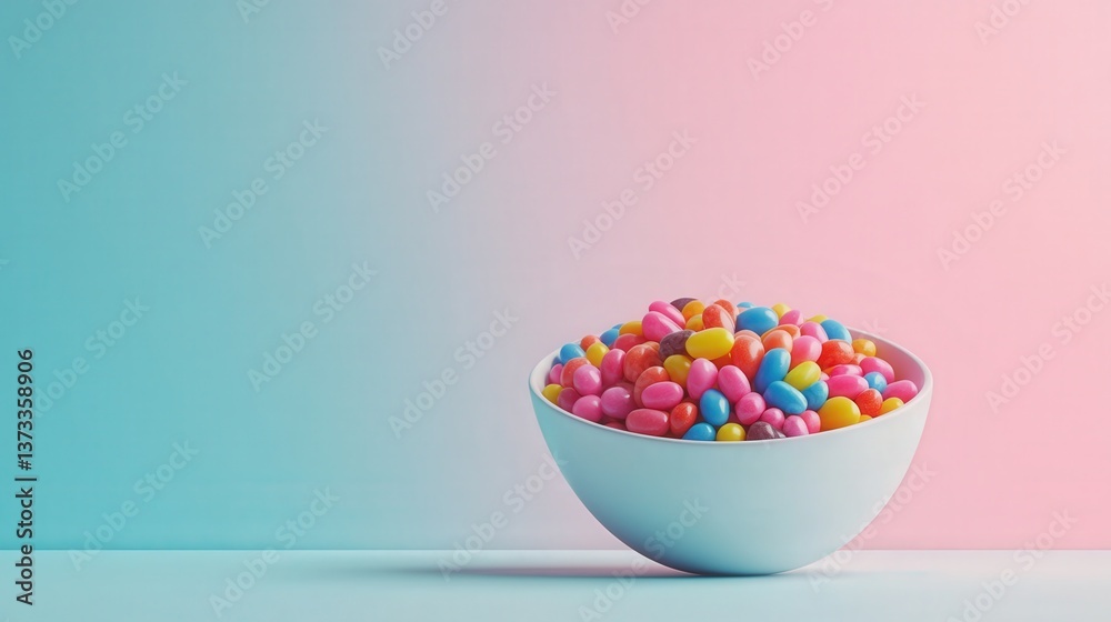 bowl overflowing with jelly beans in an array of colors, styled against a minimalistic, clean background