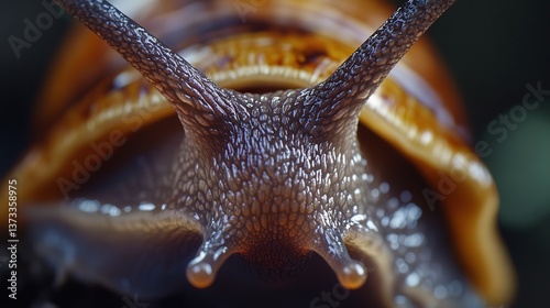 snail's face, with its tentacles extended and eyes in sharp detail, creating a fascinating and intimate view of the creature. photo