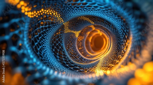 abstract hexagonal tunnel, with intricate lines and glowing colors that spiral inward, creating a sense of depth and energy.