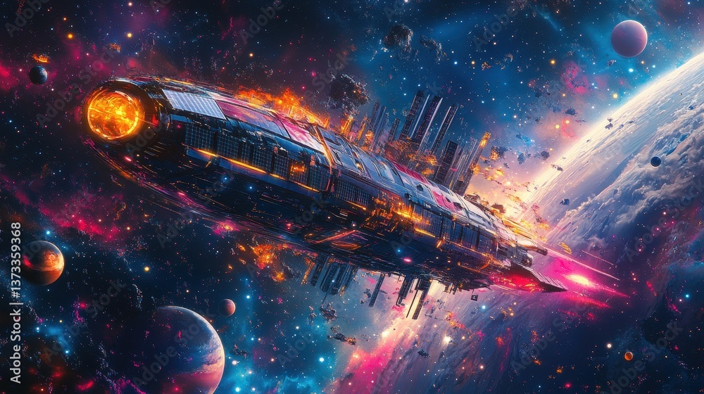 Fototapeta premium A vibrant spaceship travels through a colorful cosmic landscape, surrounded by planets, stars, and swirling galaxies, showcasing the beauty of space exploration.