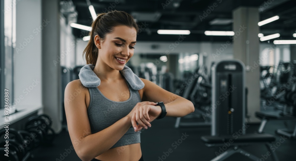 Obraz premium Woman Checking Fitness Tracker at the Gym