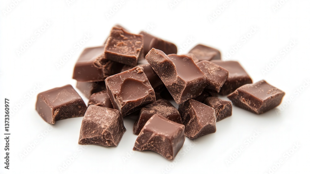 milk chocolate chunks on a pristine white backdrop, inviting the viewer to indulge in their smooth, creamy goodness