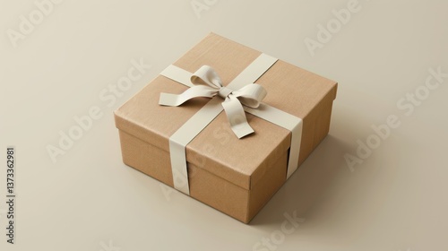 Minimalist gift box with a simple geometric design, adorned with a single ribbon. photo