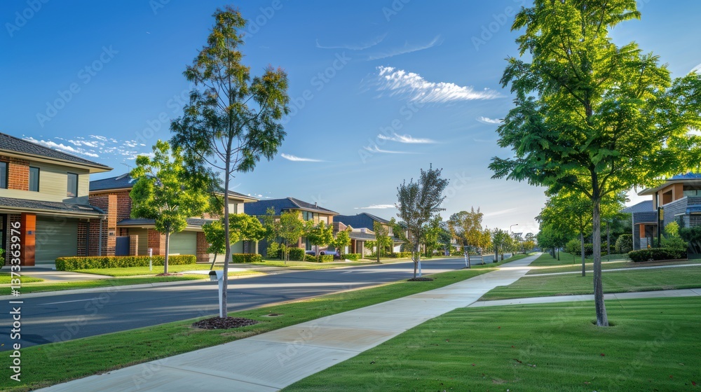 custom made wallpaper toronto digitalAn idyllic suburban scene featuring a row of modern house residences lined with manicured lawns and mature trees, evoking a sense of tranquility and community.