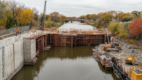 Bridge abutment under construction with formwork in place. Bridge construction copy space.