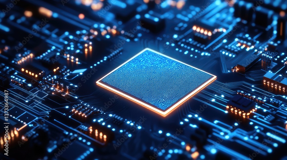 Close-up of an illuminated computer processor or chip, highlighting technology with clear space for text. Close-up of an illuminated computer processor or chip, highlighting technology with clear space for text.