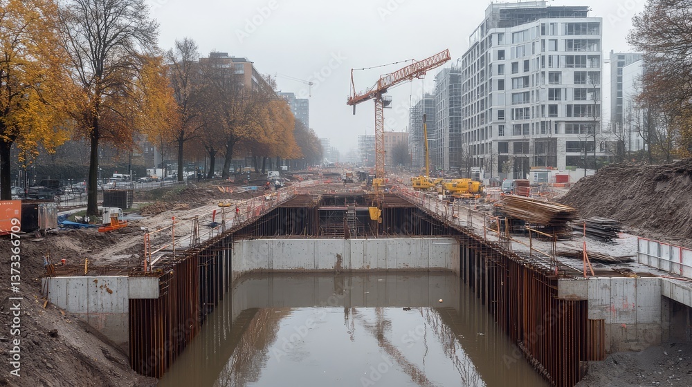 Concrete segmental bridge construction site, cranes and scaffolding visible. Bridge construction copy space. Concrete segmental bridge construction site, cranes and scaffolding visible. Bridge construction copy space.