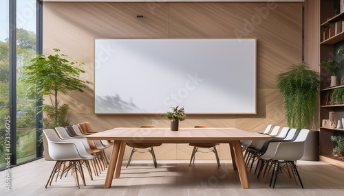  A modern meeting room with a large white blank panel framed in light oak, designed for custo 