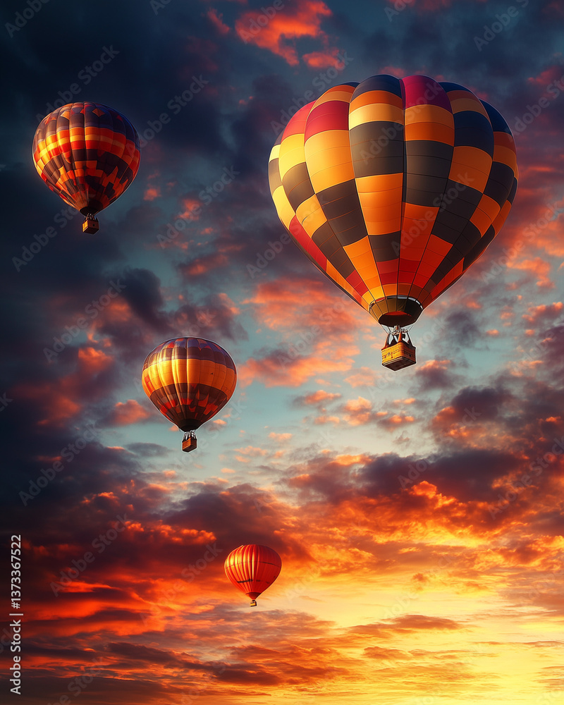 Obraz premium Colorful hot air balloons flying in the sunset sky