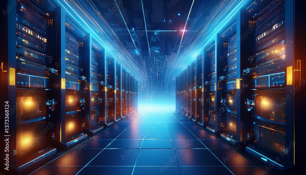 Obraz premium Realistic server racks with highlighted data flow paths, rendered in low-saturation with glo