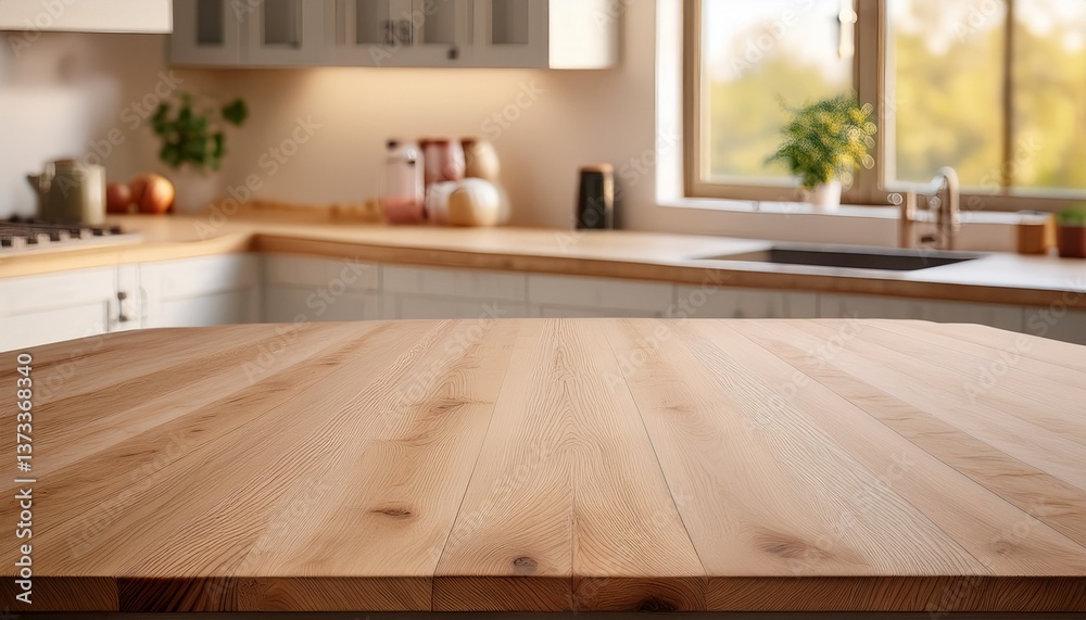 Simple elm tabletop in sharp clarity with subtle imperfections, kitchen environment softened Simple elm tabletop in sharp clarity with subtle imperfections, kitchen environment softened