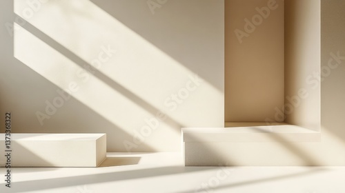 Geometric shadow play with soft light on a smooth surface, leaving clean space for copy.