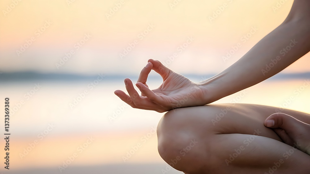 Close-Up of Woman’s Hand Meditating in Yoga Pose – Serene Beach Sunset Close-Up of Woman’s Hand Meditating in Yoga Pose – Serene Beach Sunset