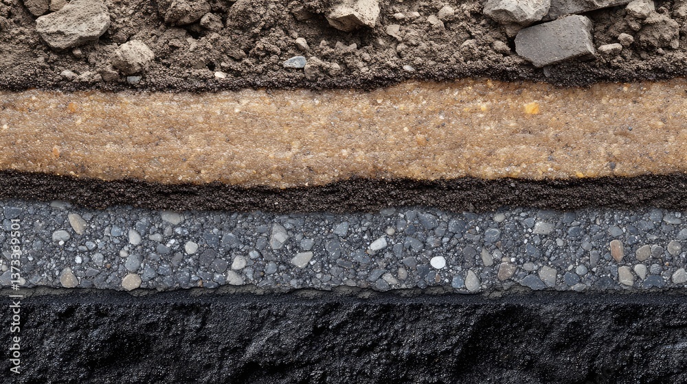 Layered asphalt pavement cross-section showing different construction layers. Road construction copy space.
