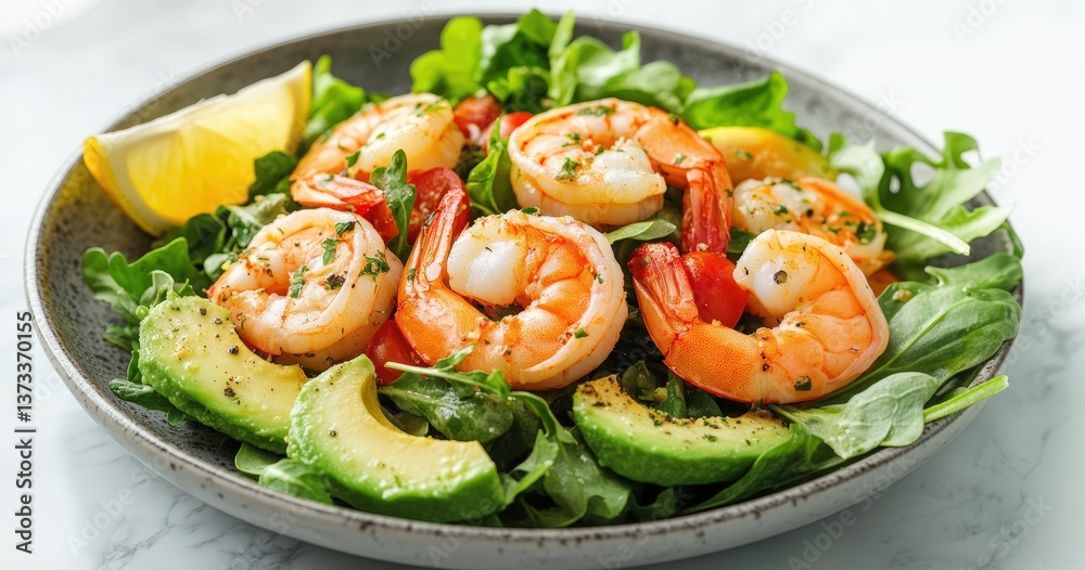 Delicious shrimp salad with avocado, garnished with lemon and fresh greens. Delicious shrimp salad with avocado, garnished with lemon and fresh greens.