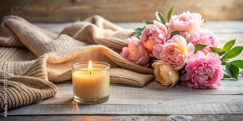 Fototapeta Naklejka Na Ścianę i Meble -  A Serene Still Life A Lit Candle's Gentle Glow Beside a Soft Knitted Throw and a Delicate Bouquet of Peonies