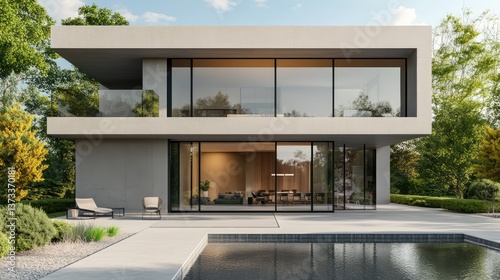 Modern luxury house exterior with large windows and concrete walls, minimalist background. Copy space.