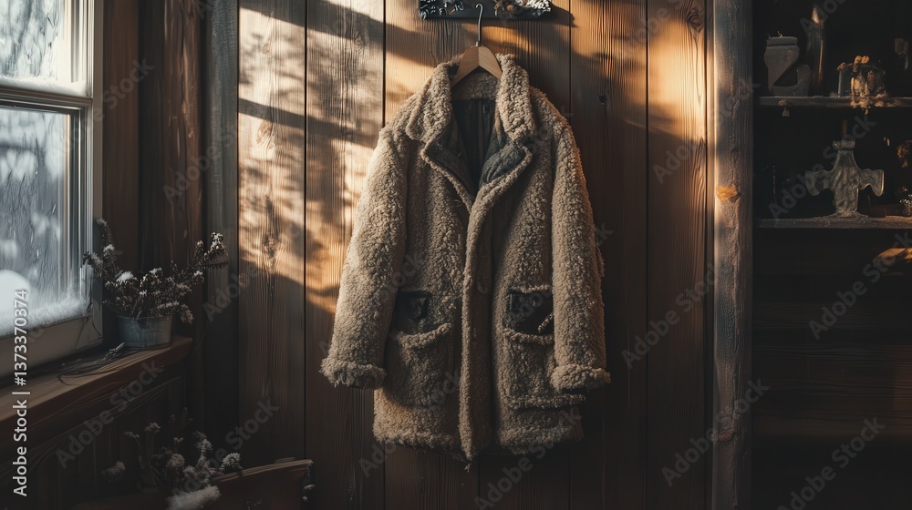 Fototapeta premium rustic wooden wall in a warm room, with soft light filtering through a window, giving a peaceful, wintery atmosphere.