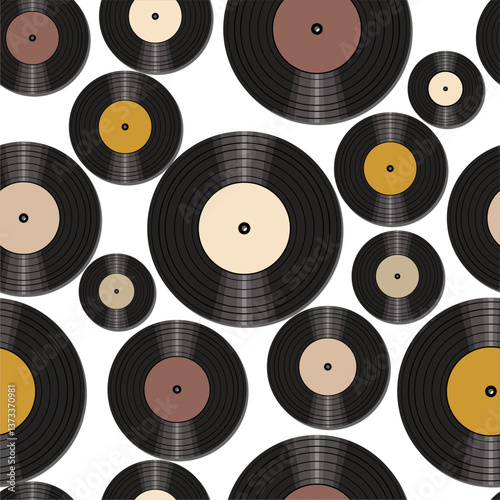 Seamless pattern print wallpaper with vinyl record discs music illustration vector retro style 60s, 70s, 80s, design art background for paper, textile, pack etc.	