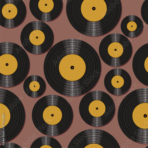 Seamless pattern print wallpaper with vinyl record discs music illustration vector retro style 60s, 70s, 80s, design art background for paper, textile, pack etc.	