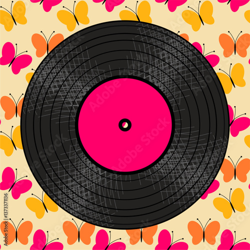 Vinyl disk retro player style illustration vector art decor design 70s, 80s, 90s music pattern	
