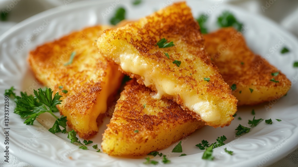 fried potato triangles, golden and crunchy, topped with melted grilled cheese, served on a white plate with a few sprigs of parsley fried potato triangles, golden and crunchy, topped with melted grilled cheese, served on a white plate with a few sprigs of parsley