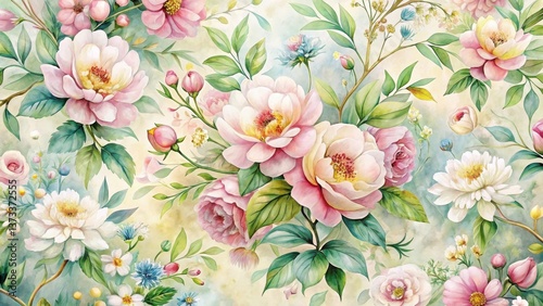 A Delicate Watercolor Painting of Blooming Peonies and Other Flowers in Pastel Shades on a Soft Background