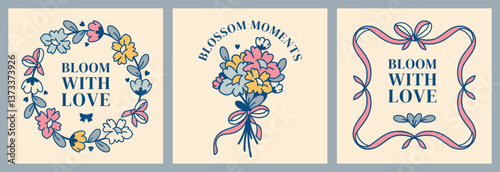 Vintage seasonal flower arrangements. Colorful bouquet with ribbon bow, wreath and ribbon frame for copy space. Seasonal greeting, birthday or Mother's Day cards. Retro floral decor aesthetic