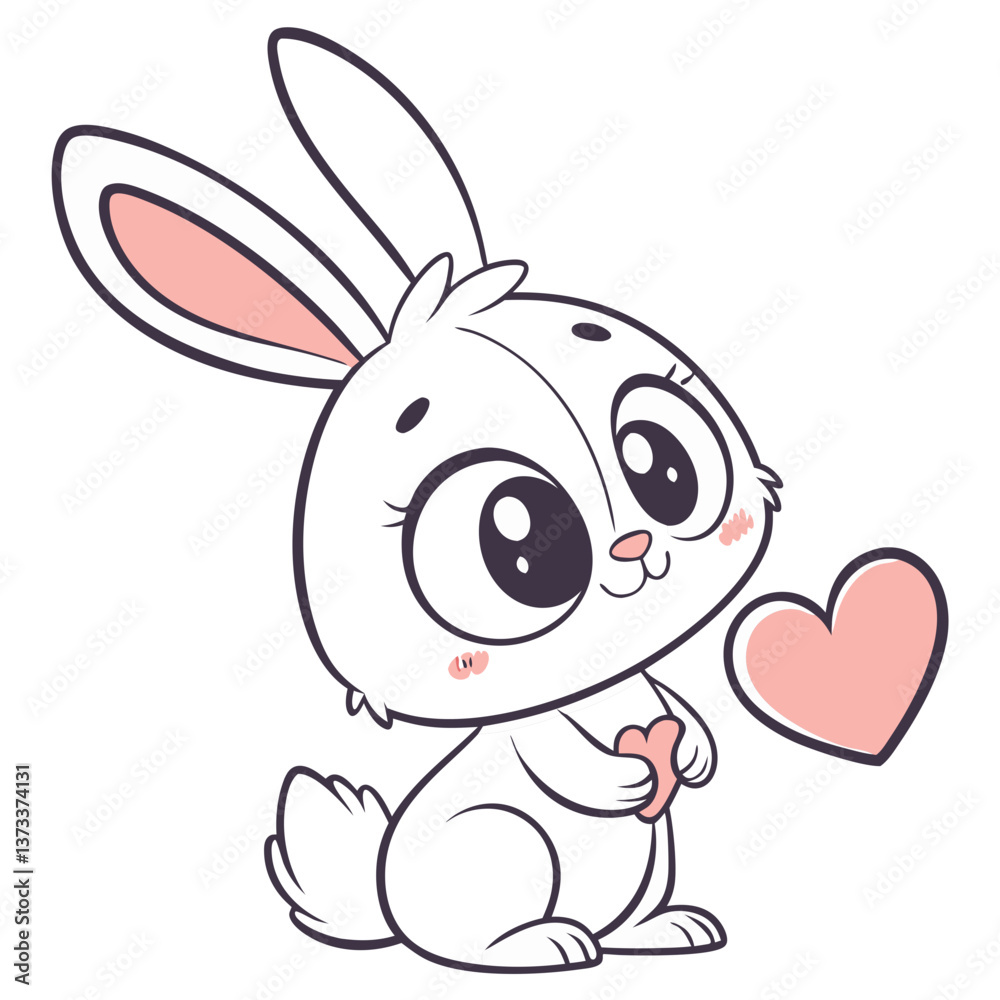 A cute kawaii bunny with large eyes stands on a bright white background, holding a pink heart in its paws. This adorable creature radiates a feeling of love and joy