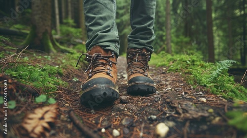 Close-up of a camper's feet wearing hiking boots on a hiking trail, symbolizing outdoor exploration and hiking. photo
