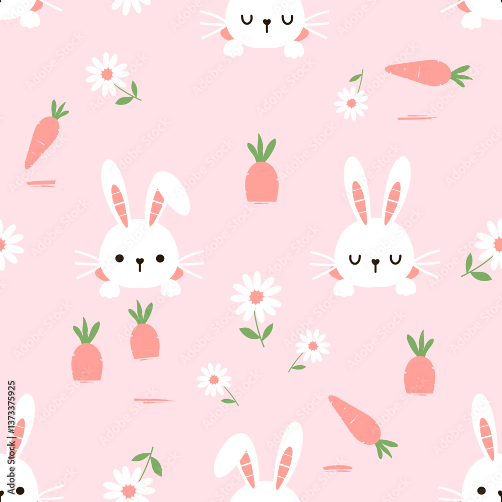 Seamless pattern with bunny rabbit in the hole, carrot and daisy flower on pink background vector. Seamless pattern with bunny rabbit in the hole, carrot and daisy flower on pink background vector.