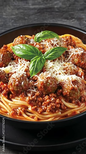 Bowl with spaghetti and meatballs. Topped with cheese and basil leaves, with meat sauce over noodles