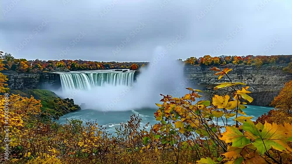 Cascading waters and vibrant autumn foliage under a cloudy sky highlight scenic beauty