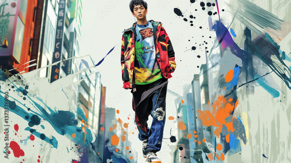 Fototapeta premium Young man in colorful attire against a splattered paint backdrop.