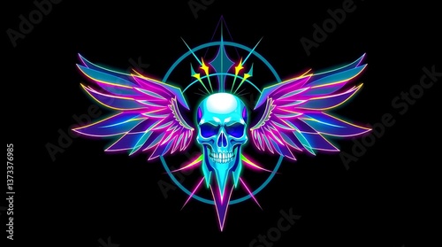 A neon cyberpunk skull with glowing blue wings, blending futuristic and gothic aesthetics. The vibrant electric colors create a striking image full of energy and digital fantasy.


