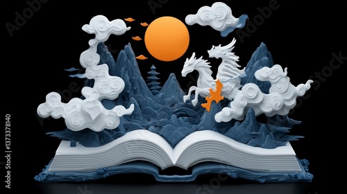 Whimsical Open Book  Fantasy Landscape  Dragons  Mountains  Clouds  Sun  3D Render